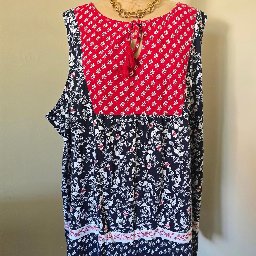 Woman Within red navy floral sleeveless tunic top 5X 38/40